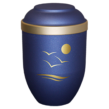 Blå urne med gullkant og havmotiv fra Jølstad begravelsesbyrå