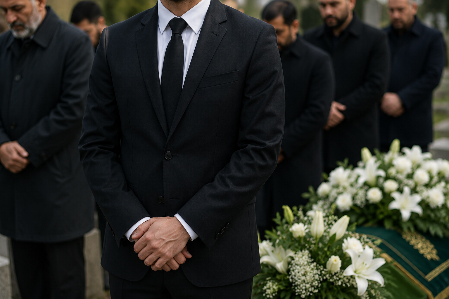 Riktig begravelsesantrekk for menn med mørk dress, hvit skjorte og sort slips